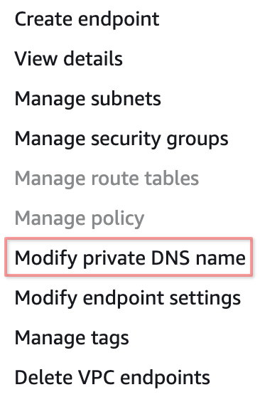 AWS PrivateLink Endpoints Menu